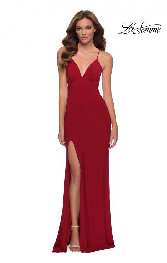 Picture of: Matte Jersey Long Dress with Lace Up Back in Red, Style 29708, Main Picture