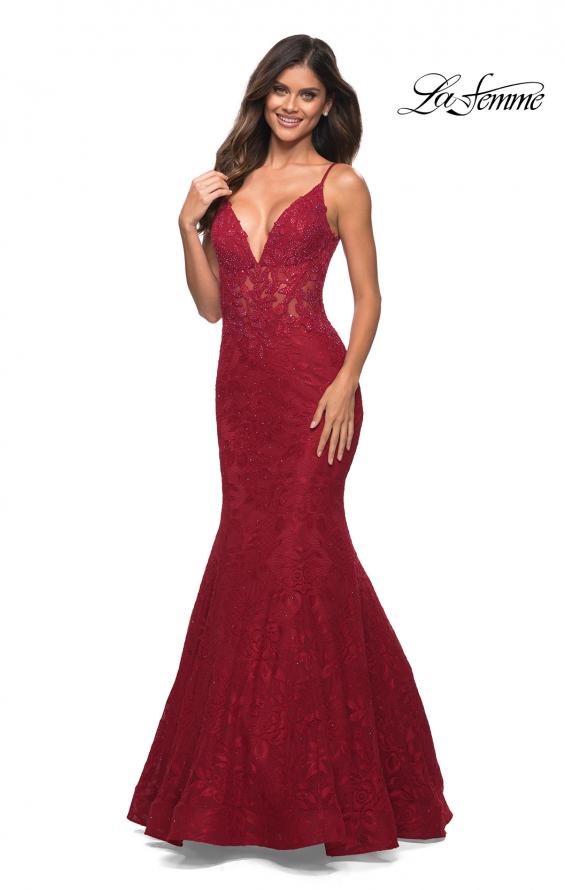 Picture of: Mermaid Lace Prom Dress with Sheer Jeweled Bodice in Red, Main Picture