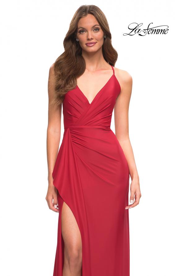 Picture of: Faux Wrap Jersey Dress with Slit and Strappy Back in Red, Main Picture