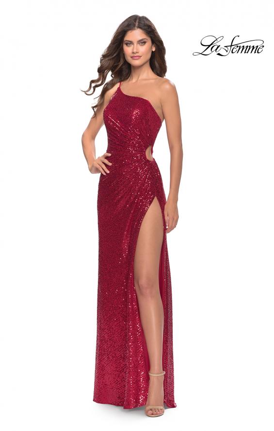 Picture of: One Shoulder Sequin Dress with Circle Cut Out in Red, Style: 31089, Main Picture