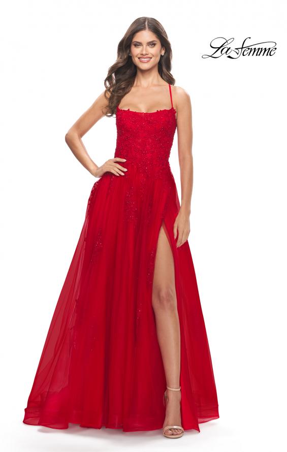 Picture of: A-line Tulle Gown with Floral Embroidery and Pockets in Red, Style: 31135, Main Picture