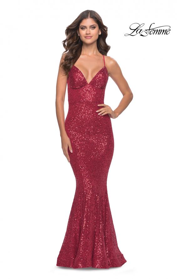 Picture of: Fitted Stretch Sequin Dress with Open Back and Defined Cups in Red, Style: 31291, Main Picture