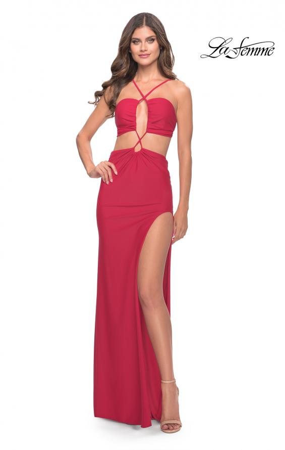 Picture of: Unique Jersey Gown with Front Cut Outs and Criss Cross Straps in Red, Style: 31293, Main Picture