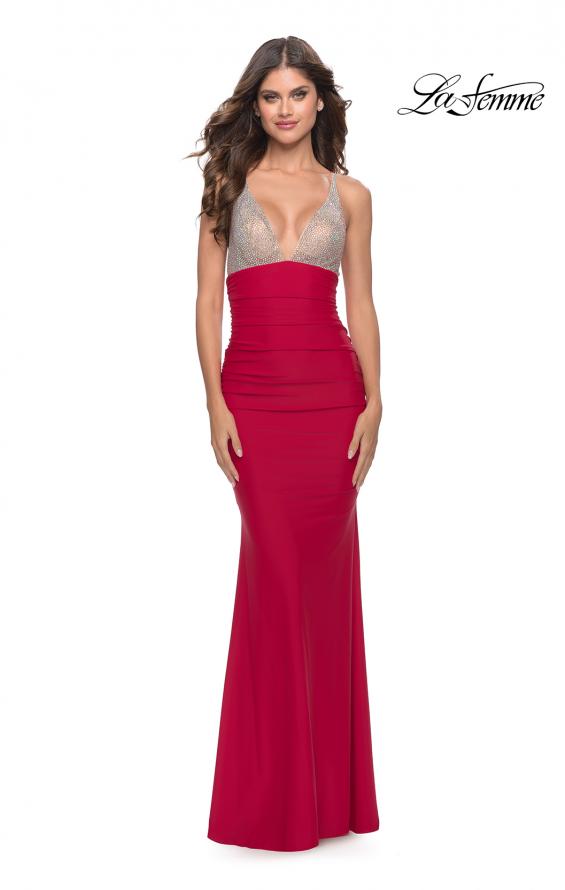 Picture of: Ruched Prom Dress with Sheer Rhinestone Bodice in Red, Style: 31337, Main Picture