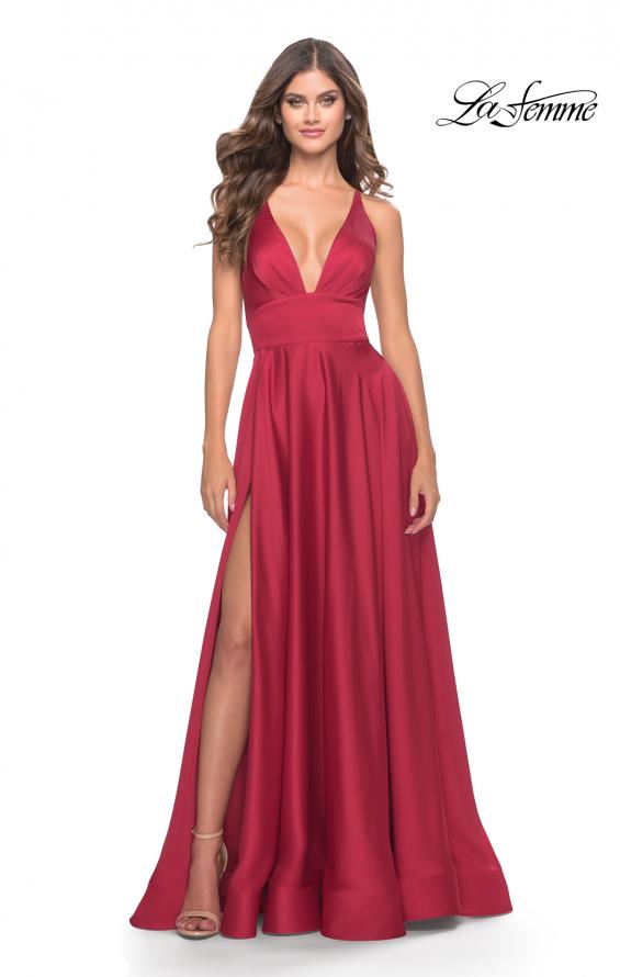 Picture of: A-Line Satin Gown with Deep V and Slit in Red, Style: 31533, Main Picture