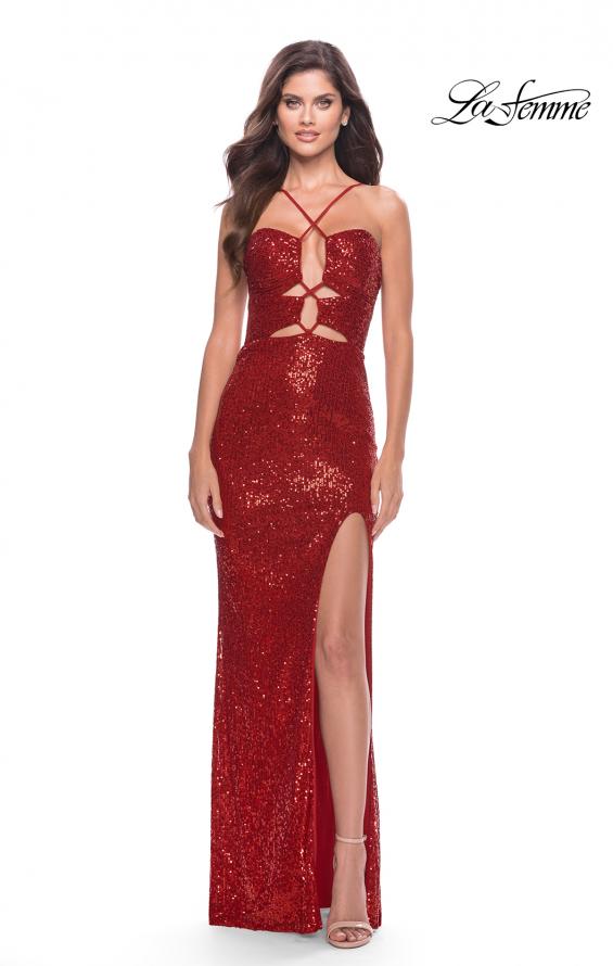 Picture of: Stretch Sequin Dress with Unique Front Cut Outs in Red, Style: 31549, Main Picture