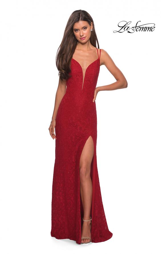 Picture of: Stretch Lace Long Prom Dress with Illusion Sides in Red, Style: 27029, Detail Picture 8