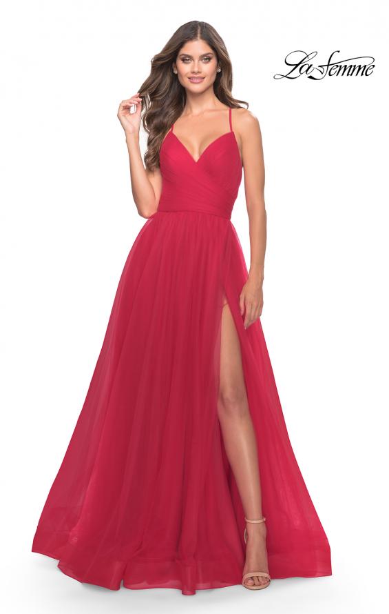 Picture of: Long Tulle A-line Gown with Side Slit and Pockets in Red, Style: 28561, Detail Picture 8