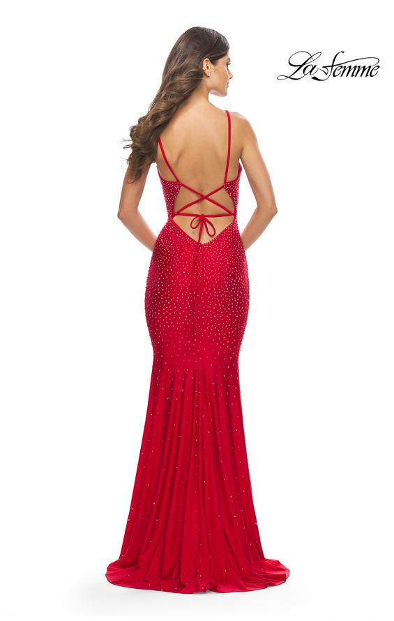 Picture of: Bedazzled Rhinestone Jersey Gown with Deep V Neckline in Red, Style: 31215, Detail Picture 8