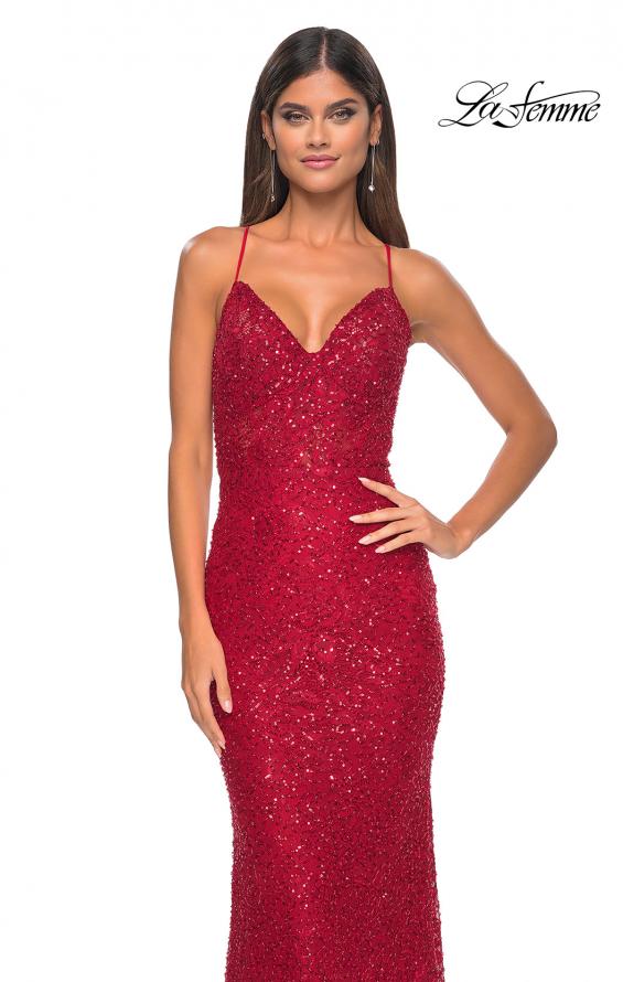 Picture of: Beaded Lace Long Dress with Illusion Bodice in Red, Style: 31359, Detail Picture 8
