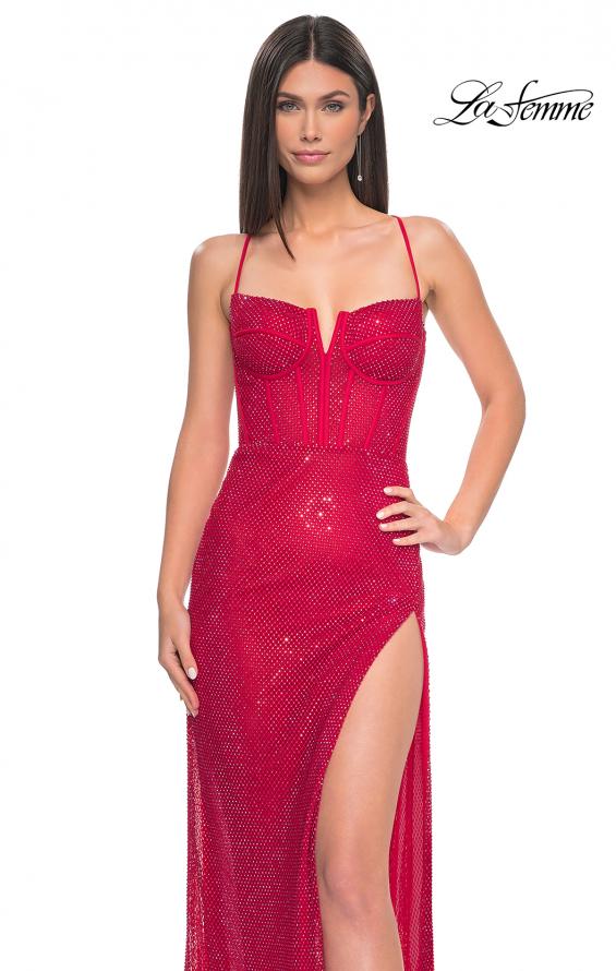 Picture of: Fishnet Rhinestone Prom Dress with Bustier Top and High Slit in Red, Style: 32210, Detail Picture 8