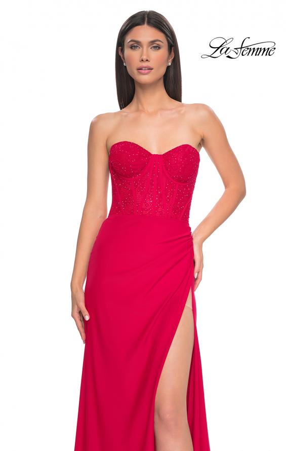 Picture of: Lace Bustier Strapless Dress with Ruched Jersey Skirt in Red, Style: 32234, Detail Picture 8