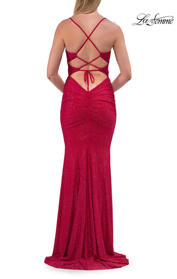 Picture of: Ruched Rhinestone Fitted Gown with Cutout Bodice and Lace-Up Back in Red, Style: 33338, Detail Picture 8