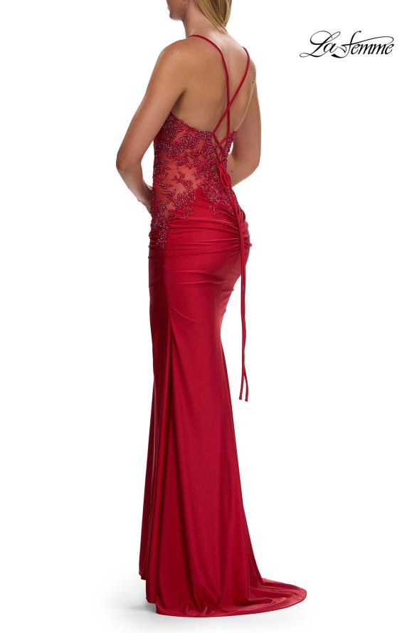 Red Picture of: Rhinestone Lace Corset Gown with Slit and Crisscross Lace-Up Back in Red, Style: 33769, Detail Picture 8