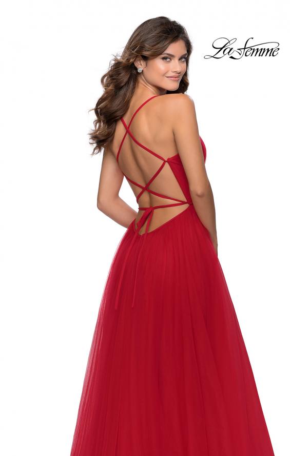 Picture of: Long Tulle Prom Dress with Criss Cross Bodice Detail in Red, Style: 28893, Detail Picture 9