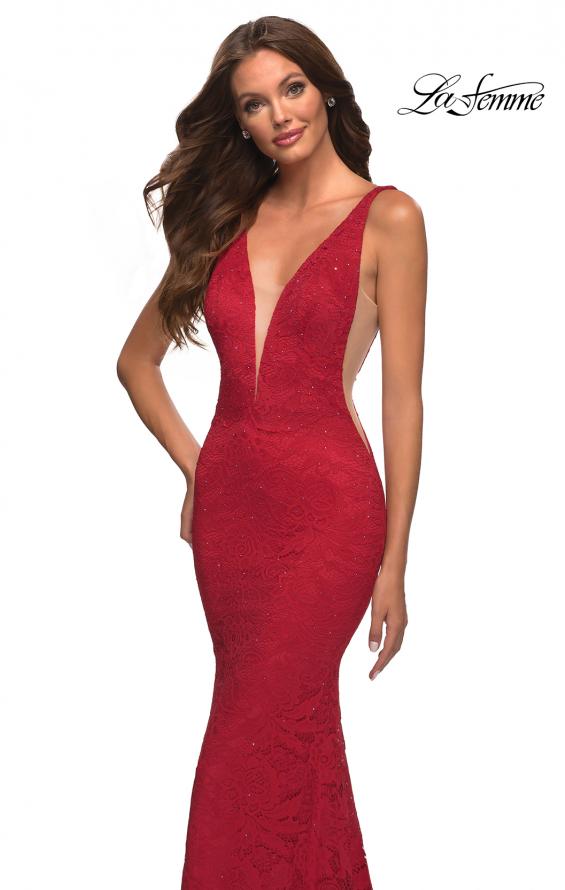 Picture of: Chic Stretch Lace Gown with Deep V Neckline in Red, Detail Picture 9