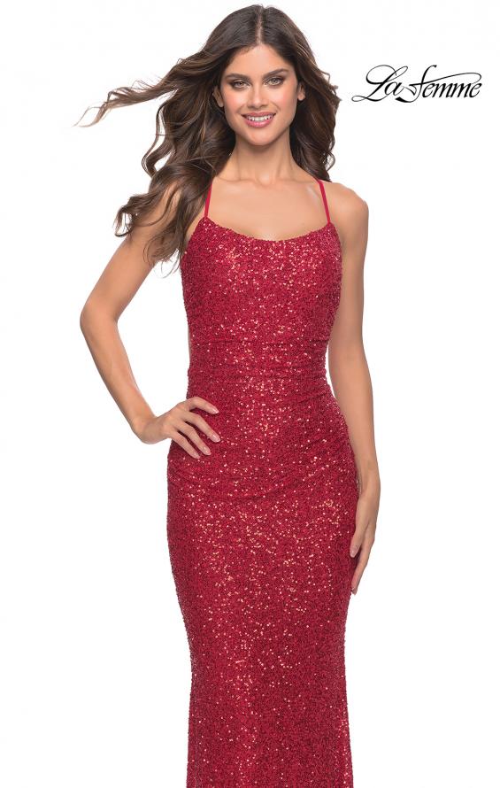 Picture of: Chic Soft Sequin Stretch Dress with Open Back in Jewel Tones in Red, Style: 31027, Detail Picture 9