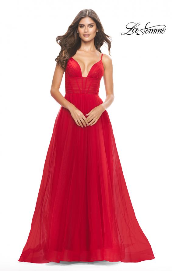 Picture of: A-Line Tulle Gown with Illusion Bodice and Boning in Red, Style: 31147, Detail Picture 9