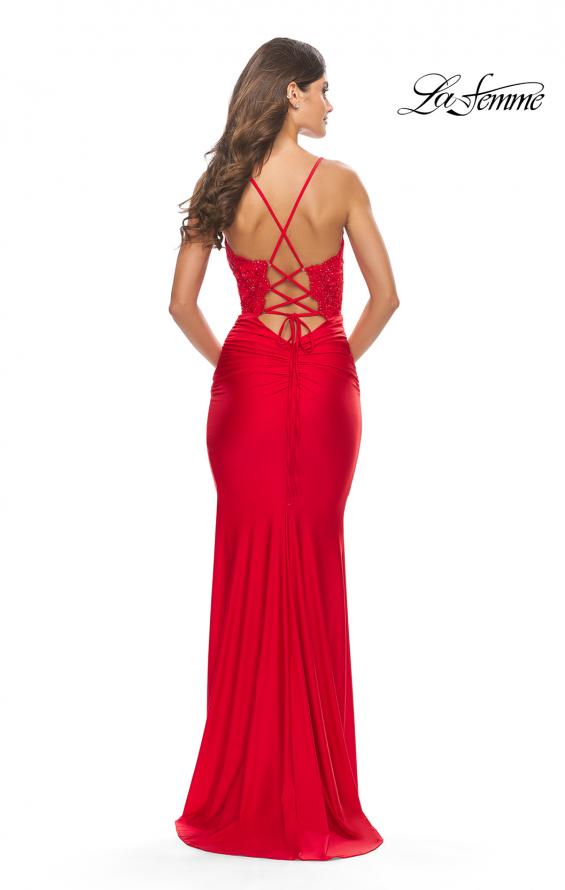 Picture of: Sheer Lace Bodice with Scallop Edge Jersey Long Dress in Red, Style: 31272, Detail Picture 9