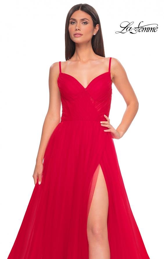 Picture of: Simple Tulle A-LIne Prom Dress with Ruched Illusion Bodice in Red, Style: 32130, Detail Picture 9