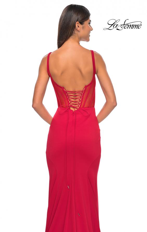 Picture of: Mermaid Jersey Gown with Bustier Top and Lace Up Back in Red, Style: 32268, Detail Picture 9