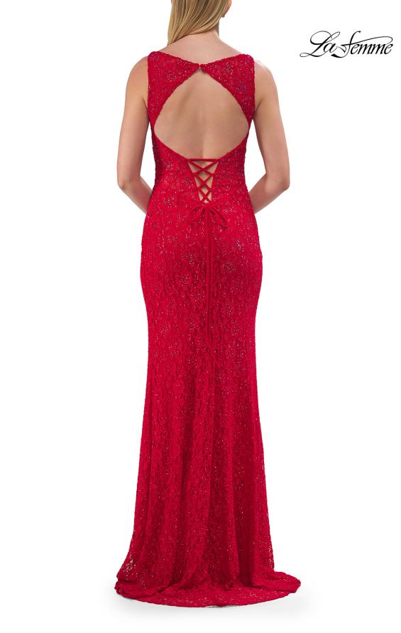 Red Picture of: Lace Fitted Gown with Open Lace-Up Back in Red, Style: 33519, Detail Picture 9