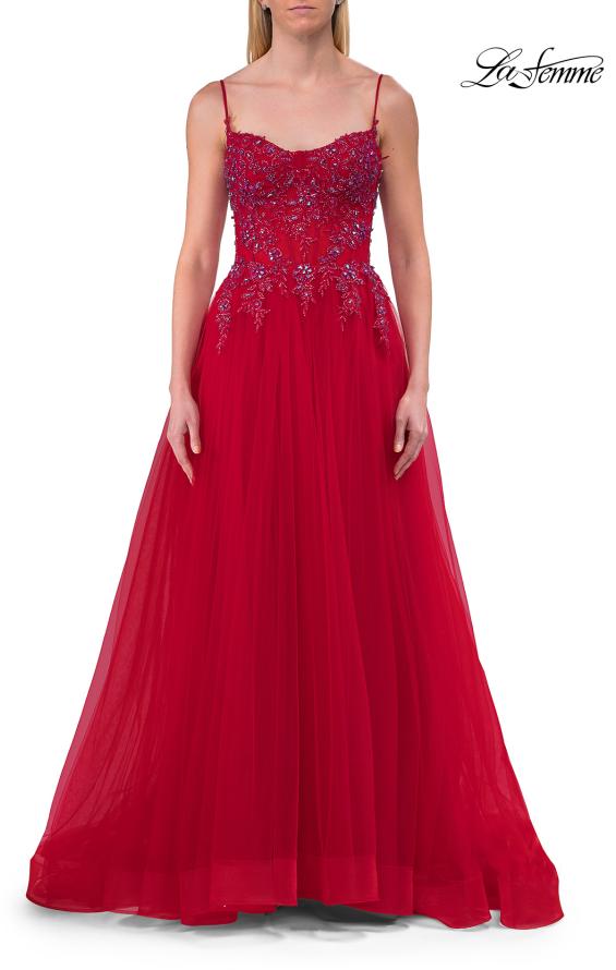 Picture of: Beaded Tulle A-Line Gown with Sheer Corset Bodice in Red, Style: 33702, Detail Picture 9