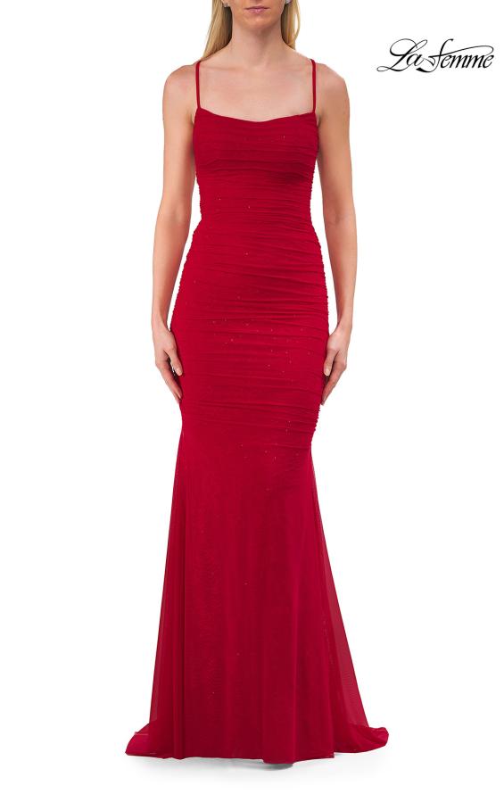 Picture of: Ruched Lace Fitted Gown with Strappy Open Back in Red, Style: 33857, Detail Picture 9