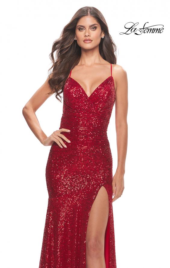 Picture of: Long Sequin Gown with Dramatic Flare Skirt and Slit in Red, Style: 31140, Detail Picture 10