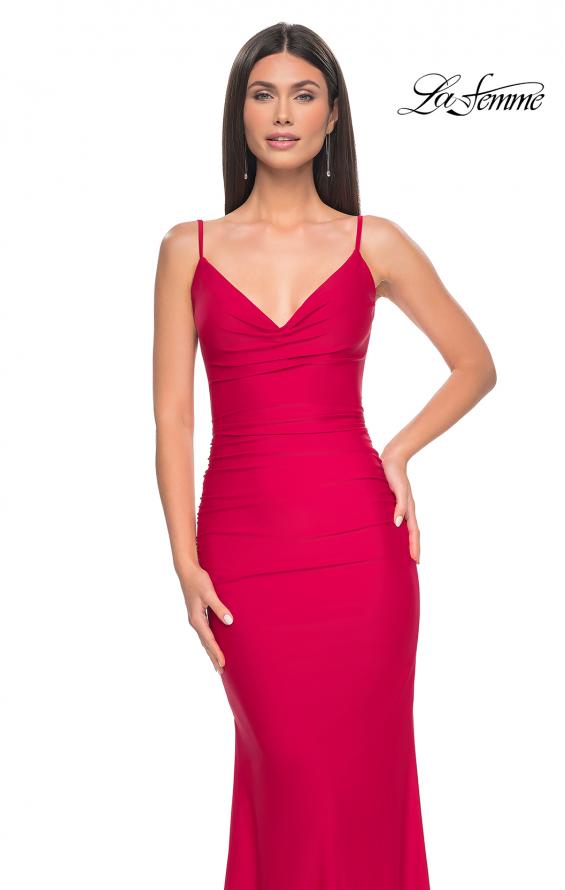 Picture of: Illusion Back with Boning Detail on Jersey Prom Dress in Red, Style: 32153, Detail Picture 10