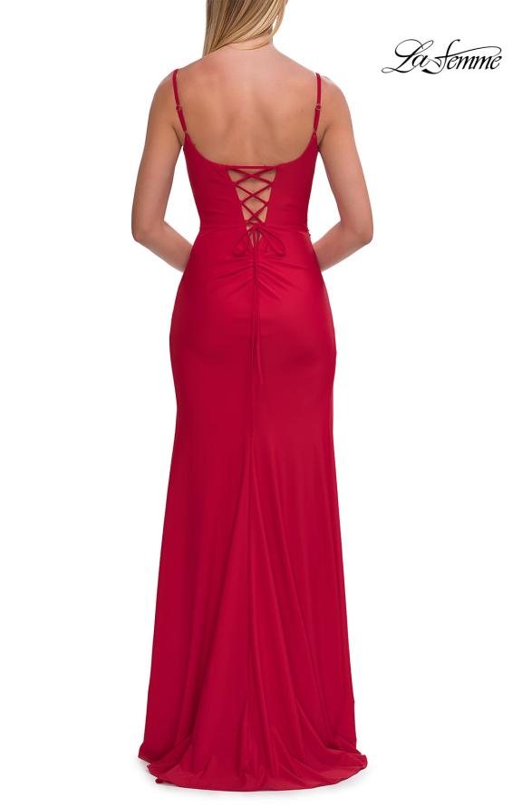 Picture of: Cowl Neck Fitted Gown with Slit and Lace-Up Back in Red, Style: 33365, Detail Picture 10
