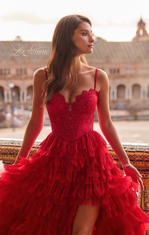 Red Picture of: Tiered Lace A-Line Gown with Corset Bodice and Slit in Red, Style: 33525, Detail Picture 10