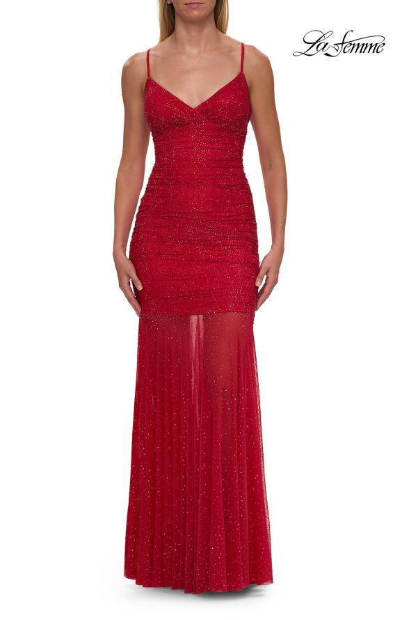 Red Picture of: Ruched Fitted Gown with Sheer Beaded Skirt and Lace-Up Back in Red, Style: 33558, Detail Picture 10