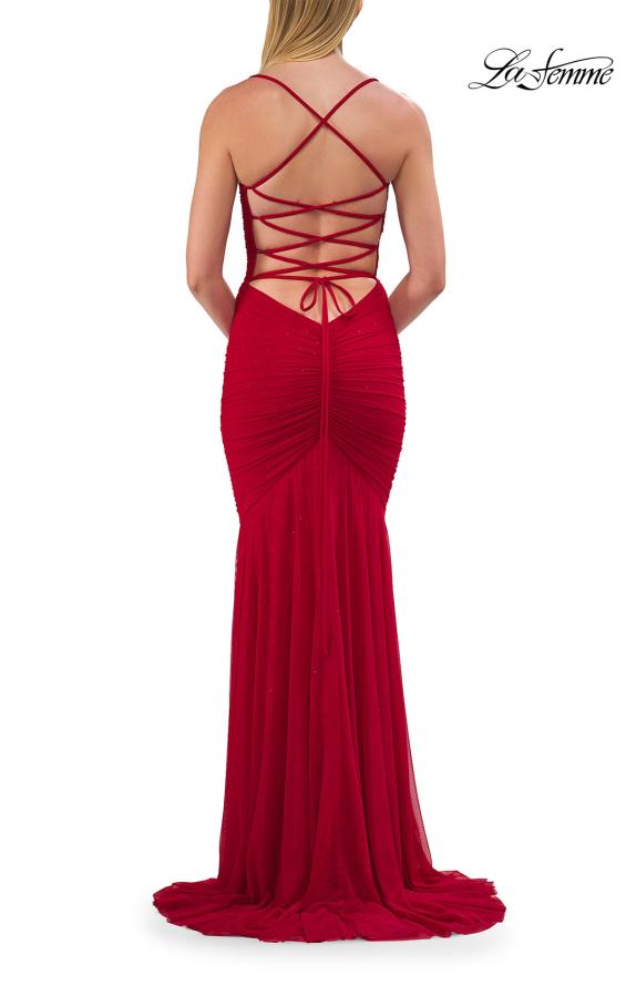 Picture of: Ruched Lace Fitted Gown with Strappy Open Back in Red, Style: 33857, Detail Picture 10