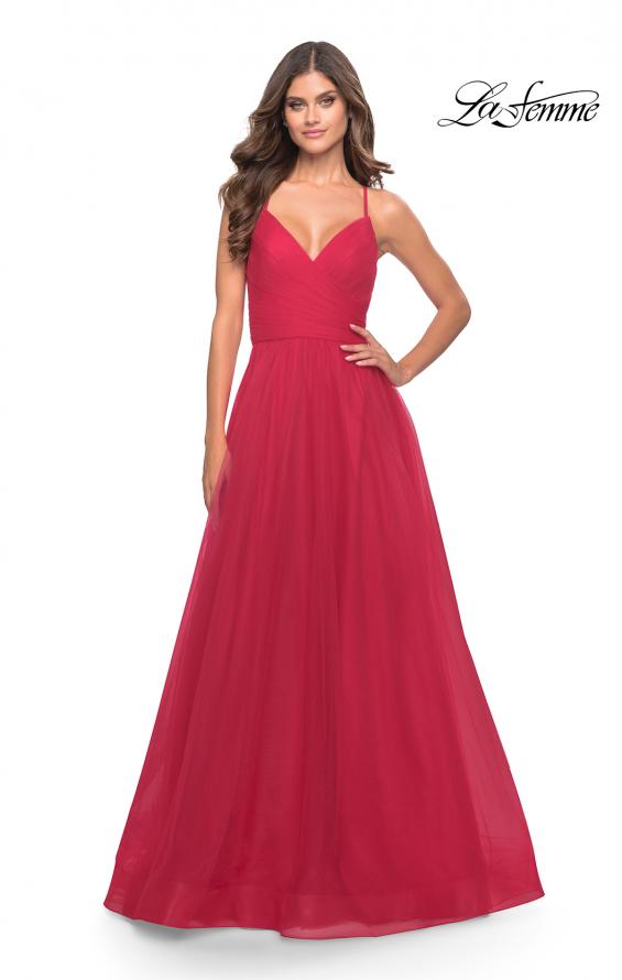 Picture of: Long Tulle A-line Gown with Side Slit and Pockets in Red, Style: 28561, Detail Picture 11