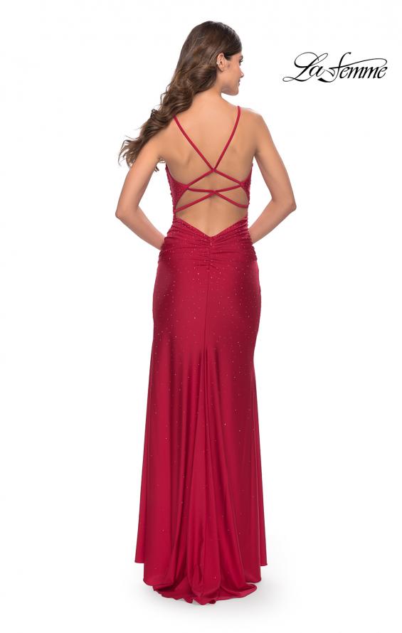 Picture of: Rhinestone Jersey Dress with Slit and Ruching in Red, Style: 31123, Detail Picture 11