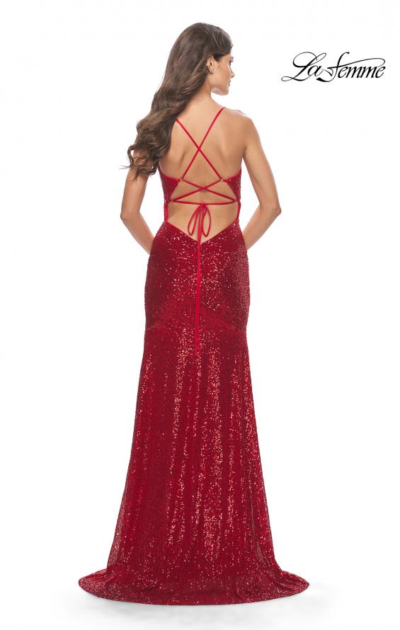 Picture of: Long Sequin Gown with Dramatic Flare Skirt and Slit in Red, Style: 31140, Detail Picture 11