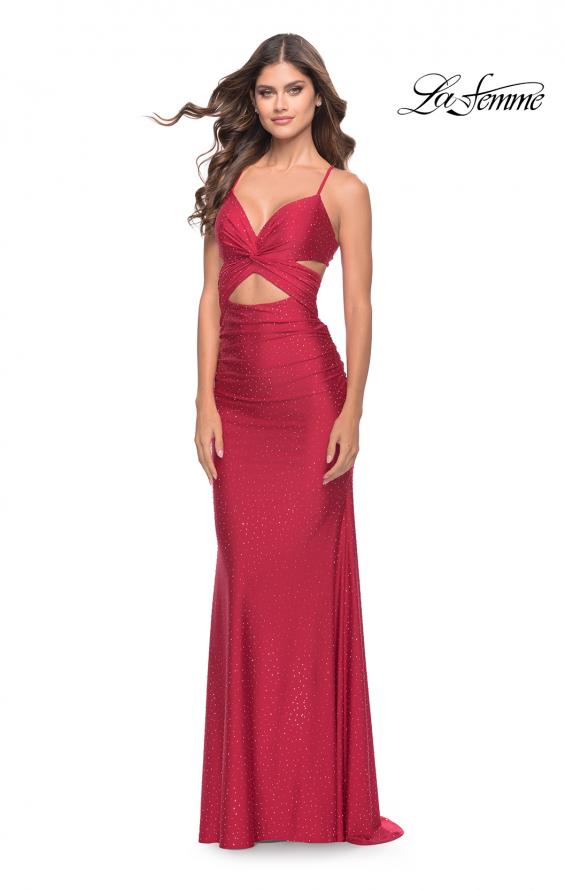 Picture of: Criss Cross Cut Out Rhinestone Jersey Dress in Red, Style: 31399, Detail Picture 11