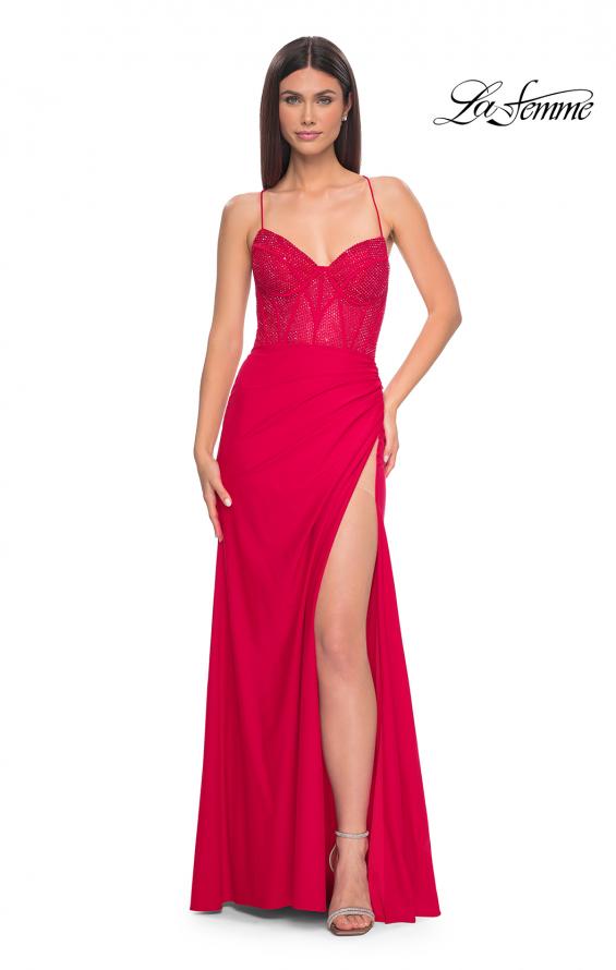 Picture of: Fitted Jersey Dress with Fishnet Rhinestone Illusion Bustier Top in Red, Style: 32230, Detail Picture 11