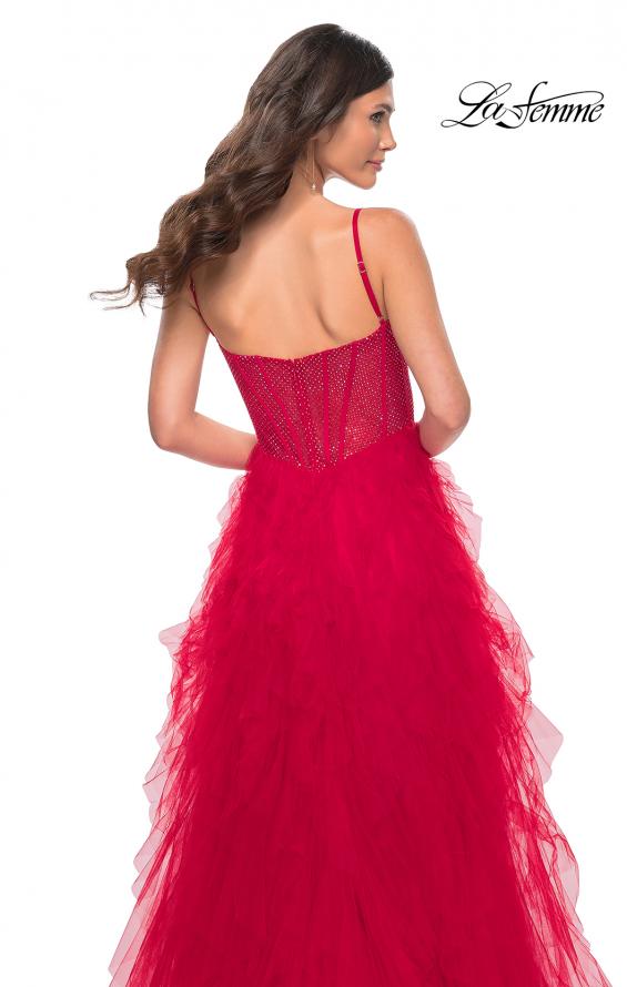 Picture of: Tulle A-Line Dress with Ruffle Skirt and Buster Rhinestone Fishnet Bodice in Red, Style: 32233, Detail Picture 11