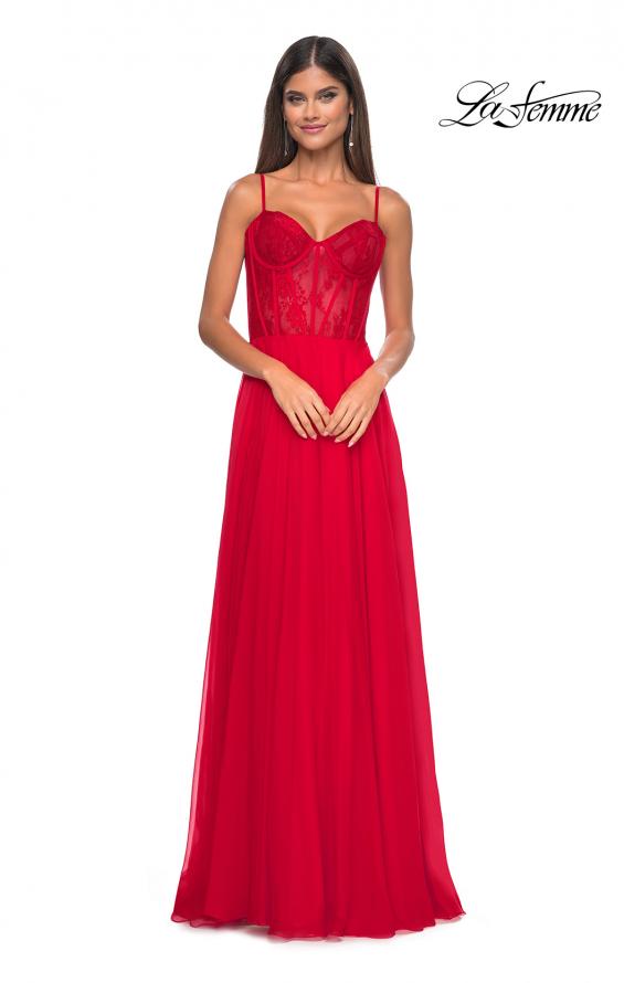 Picture of: Chiffon and Lace Gown with Bustier Top in Red, Style: 32276, Detail Picture 11