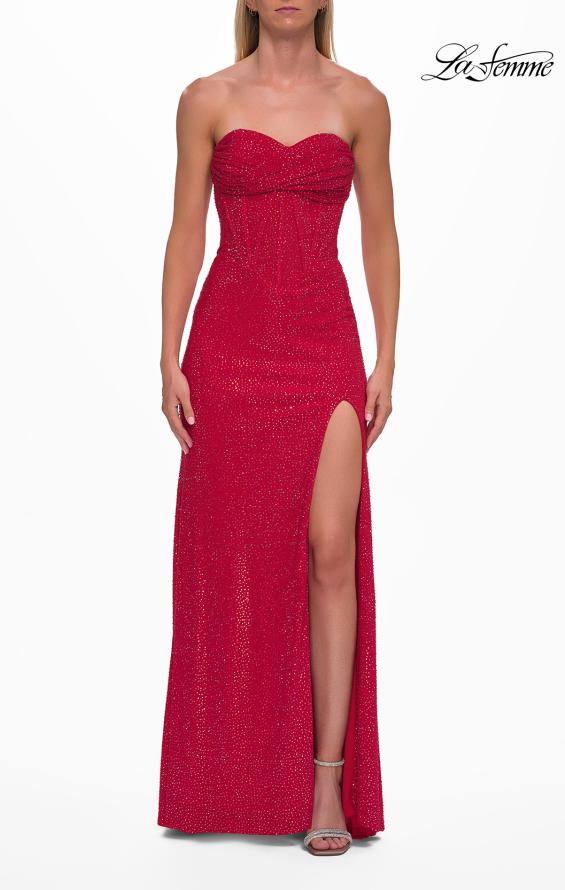 Red Picture of: Strapless Rhinestone Corset Gown with Sweetheart Neckline and High Slit in Red, Style: 33304, Detail Picture 11