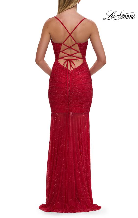 Red Picture of: Ruched Fitted Gown with Sheer Beaded Skirt and Lace-Up Back in Red, Style: 33558, Detail Picture 11