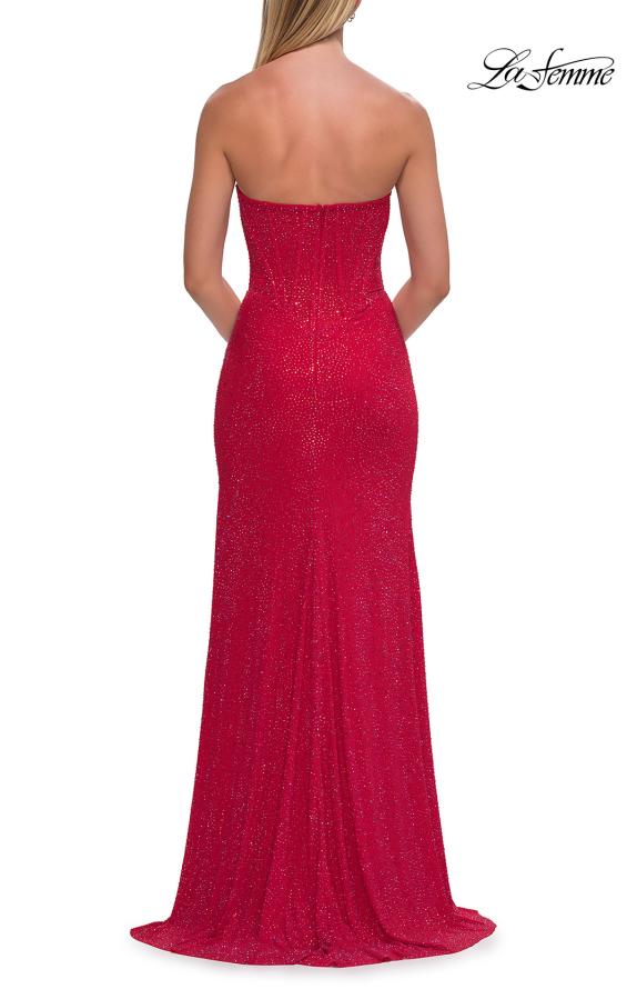 Red Picture of: Strapless Rhinestone Corset Gown with Sweetheart Neckline and High Slit in Red, Style: 33304, Detail Picture 12
