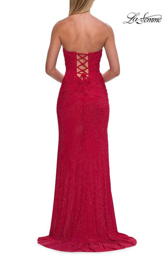 Red Picture of: Strapless Fitted Rhinestone Gown with Slit and Lace-Up Back in Red, Style: 33383, Detail Picture 12