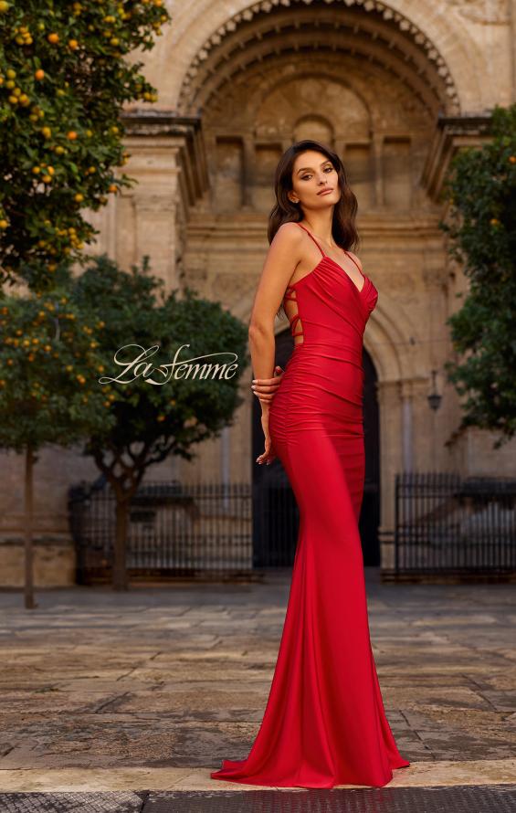 Picture of: Ruched Jersey Gown with Crisscross Open Back in Red, Style: 33723, Detail Picture 12, Landscape