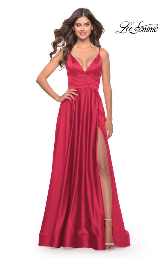 Picture of: Long Satin Dress with Side Slit and V Shaped Back in Red, Style: 28607, Style: 28607