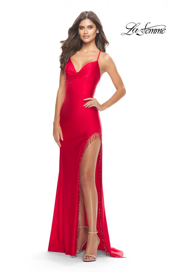 Picture of: Fringe Beaded Slit Jersey Gown with Lace Up Back in Red, Style: 31326, Detail Picture 13