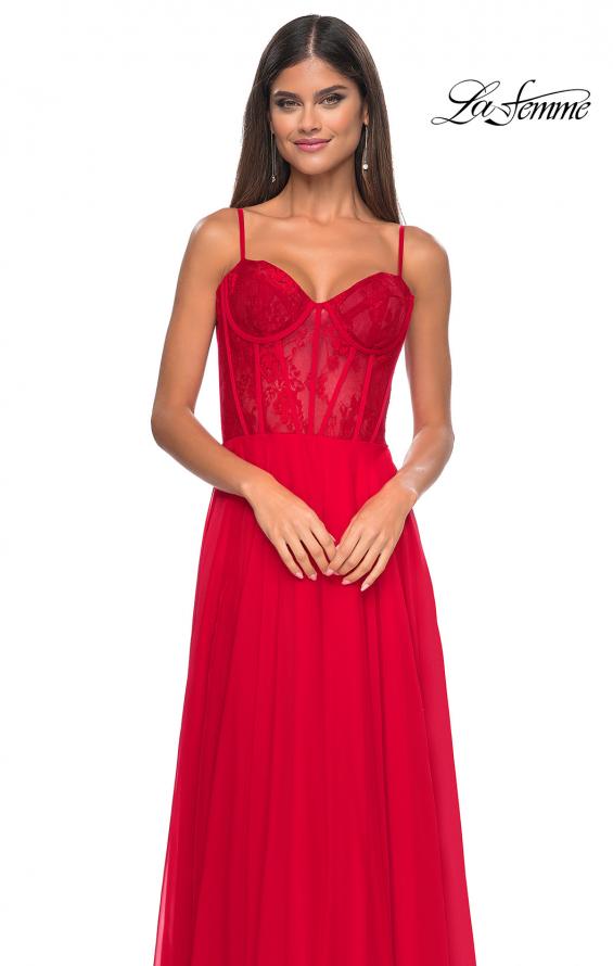 Picture of: Chiffon and Lace Gown with Bustier Top in Red, Style: 32276, Detail Picture 13