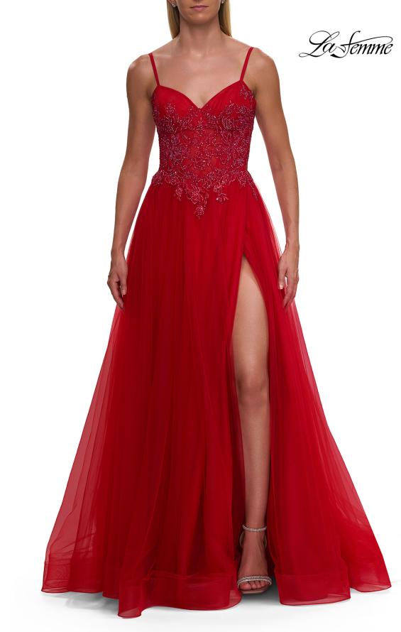 Red Picture of: Lace Corset Tulle Gown with High Slit and A-Line Skirt in Red, Style: 33436, Detail Picture 13